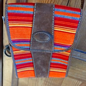 Guatemalan orange crossbody bag. Suede and fabric